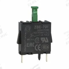 SCHNEIDER Contact Blocks: 22 mm Panel Mounting Size, 1NO, Momentary/Late Break, XB4/XB5 Series (MPN ZBE701). Key specifications — Switch Action: Momentary/Late Break; Terminal Connection Type: PCBA Pins; Brand: SCHNEIDER; Compatible with Series: XB5.