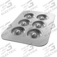 CHICAGO METALLIC Donut Pan: Aluminized Steel, 6 Slots, 11 1/8 in Overall Wd, 7/8 in Overall Dp (MPN 25200). Key specifications — Pan Style: Donut Pan; Brand: CHICAGO METALLIC; Color: Shiny Gray; Material: Aluminized Steel; NSF Certified: No; Number of Slots: 6.