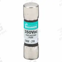 BUSSMANN Fuse: BAF Series, Midget, Fast-Acting, 20 A, 250 V AC, 13/32 in x 1 1/2 in, Non-Indicating (MPN BAF-20). Key specifications — attr1287209: BAF; attr211192: BUSSMANN.