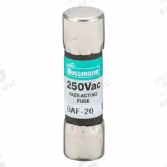 BUSSMANN Fuse: BAF Series, Midget, Fast-Acting, 20 A, 250 V AC, 13/32 in x 1 1/2 in, Non-Indicating (MPN BAF-20). Key specifications — attr1287209: BAF; attr211192: BUSSMANN.