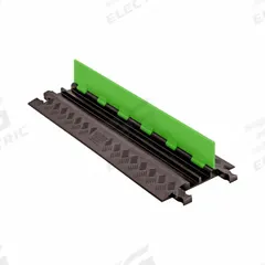 CHECKERS HI-VIZ CABLE PROTECTOR: 2 Channels, Hinged, 3/4 in Max Cable Dia, 12 in Wd, 1 1/4 in Ht (MPN GD2X75-ST-FLG/B). Key specifications — attr1468: CHECKERS; attr1473: Fluorescent Green (Lid)/Black (Base); attr1477: Cover; attr1483: Polyurethane.