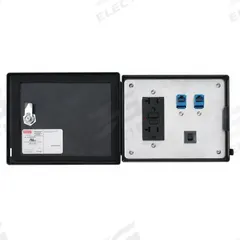 NVENT HOFFMAN Data Interface Port: Stainless Steel, 120V Duplex Receptacle/(2) RJ45, 5 A Reset (MPN HDP5ETHETHSS). Key specifications — Manufacturer Part Number: HDP5ETHETHSS; Brand: NVENT HOFFMAN; Resets: 5 A Reset; IP Rating: IP66; Panel Configuration: 120V Duplex Receptacle; Panel Terminations: (2) RJ45.