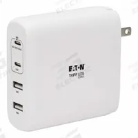 EATON TRIPP LITE Usb Charger: 120V AC/230V AC, 1.6A, 50/60Hz, 4 Output Connectors, White (MPN U280-W04-100C2G). Key specifications — Power Requirement: 120V AC; 230V AC, 1.6A, 50; 60Hz; Output Connection Type: (2) USB C Female; Color: White; Brand: EATON TRIPP LITE.