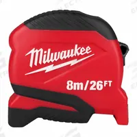 MILWAUKEE Compact Tape Measure: Nonmagnetic Single Hook Tip, 26 ft / 8 m, Plastic, Black/Red (MPN 48-22-1726). Key specifications — attr935324: MILWAUKEE; attr942259: Red; attr935326: Finger Brake; attr935328: 1/16 in; attr935329: Inches; attr935337: Metric/SAE; attr936607: Manual Lock; attr985315: Greater than 5 m.