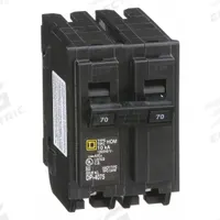 SQUARE D Miniature Circuit Breaker: 70 A, 120/240V AC, Single Phase, 10kA at 120/240V AC, 2 Poles (MPN HOM270). Key specifications — Phase: Single; Amps: 70 A; AC Voltage Rating: 120/240V AC; Max. AIR Rating: 10kA at 120/240V AC; For Use With: Homeline Load Center; Brand: SQUARE D.