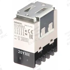 OMRON Enclosed Power Relay: Bracket Mounted, 25 A Current Rating, 100/120V AC, DPST-NC/DPST-NO (MPN G7J-2A2B-B-W1-AC100/120). Key specifications — Brand: OMRON; Base Type: Square; Mounting Style: W-Bracket; Electrical Connection: Screw Terminal; Manufacturer Part Number: G7J-2A2B-B-W1-AC100/120; Operating Current: 25 A at 220V AC (Inductive Load NO); Series: G7J Series; Relay Bracket Type: W-Bracket (Sold with Relay).