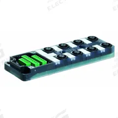 MURRELEKTRONIK M12 distribution block: EXACT12, 8 Ports, 5 Pole M12 Female (MPN 8000-88502-0000000). Key specifications — IP Rating: IP65; Features: Plastic Housing; For Use With: 21-Pole Screw Terminal Cap.