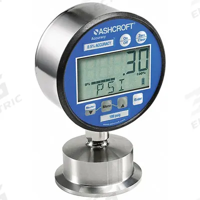 ASHCROFT Digital Pressure Gauge: 0 psi to 7 psi, 3 in Dial, 2 in Tri-Clamp, Bottom - Digital 3-A Certified Sanitary Pressure Gauges