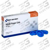 FIRST AID ONLY Finger Cots: Nitrile, 0.09 mm Thick, Powder-Free, Blue, Universal, Nitrile, 24 PK (MPN 90377). Key specifications — Powdered/Powder-Free: Powder-Free; Brand: FIRST AID ONLY; Finger Cot Material: Nitrile; Color: Blue.