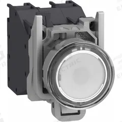 SCHNEIDER ELECTRIC Illuminated Push Button: 22 mm, Metallic, Flush Profile, 1NO (MPN XB4BP183BM5GEX). Key specifications — Manufacturer Part Number: XB4BP183BM5GEX; Product Type: Push Button Operators; Series: XB4; Brand: SCHNEIDER; AC Contact Rating: 1.5 A @ 480 V; Action: Momentary; DC Contact Rating: 0.1 A @ 600 V; Operator Illumination: Illuminated.