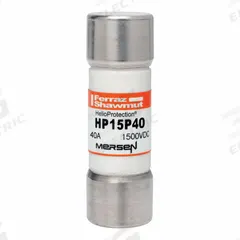 Solar Fuse: HP15P Series, Gen Purpose, 40 A, 1.5 kV DC (MPN HP15P40). Key specifications — Series: HP15P; Brand: MERSEN.
