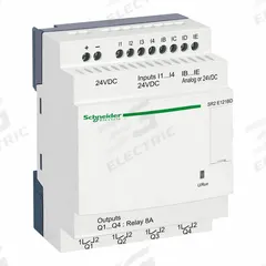 SCHNEIDER ELECTRIC Compact Smart Relay: (8) Resistive, (4) Relay, 24V AC : 24V DC (MPN SR2E121BD). Key specifications — Brand: SCHNEIDER; Clock Included: Clock Included; Number and Type of Inputs: (8) Resistive; Number and Type of Outputs: (4) Relay.