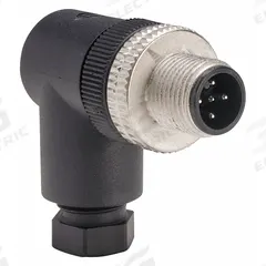 TELEMECANIQUE External Thread Connector: 5 Pin, M12 Male Thread, IP67, Screw Terminals, 90° Angle (MPN XZCC12MCM50B). Key specifications — Connector Body Type: Pin; Brand: TELEMECANIQUE SENSORS; Voltage Rating: 30V AC; Thread Size: M12; Mounting Style: Male Thread; IP Rating: IP67; Housing Material: Plastic; Connector Orientation: 90° Angle.