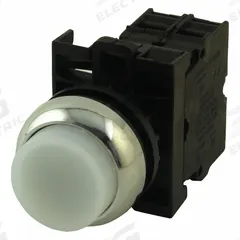 EATON Illuminated Push Button: Illuminated, Extended Profile, Metallic, 22 mm, 2NO (MPN M22M-DLH-W-K20-W). Key specifications — Brand: EATON; Action: Momentary; Series: M22; Push Button Material Type: Metallic.
