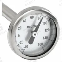 REOTEMP Dial Pocket Thermometer: -40°F to 160°F, +/- 1% Accuracy, 2 in Stem Lg, Fahrenheit (MPN QP02F23PS). Key specifications — Temperature Units: Fahrenheit; Accuracy: +/- 1%; Brand: REOTEMP.