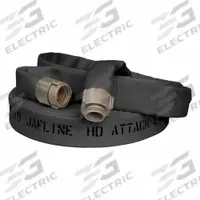 JAFLINE HD Fire Hose: Double Jacket, 1 3/4 in Hose Inside Dia, 25 ft Hose Lg, Polyester, Black (MPN HD175L025-NP150). Key specifications — attr660609: NPSH; attr660602: Rocker; attr660607: Aluminum; attr660614: Black.