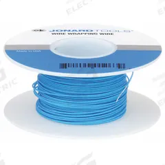 OK INDUSTRIES Spooled Wrapping Wire: 100 ft Overall Lg, 24 AWG Conductor Size, Blue (MPN R24B-0100). Key specifications — Manufacturer Part Number: R24B-0100; Brand: OK INDUSTRIES; Conductor Insulation Material: PVDF; Standards: UL 1422; Series: Kynar®; Wire Type (Not for Merchandising): Standard Wire Jacket.