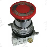 EATON Emergency Stop Push Button: Non-Illuminated, Mushroom Head Profile, Metallic, 30 mm, 1NO/1NC (MPN 10250T5B63-1X). Key specifications — Brand: EATON; Action: Maintained/Maintained; Series: 10250T; Push Button Material Type: Metallic.