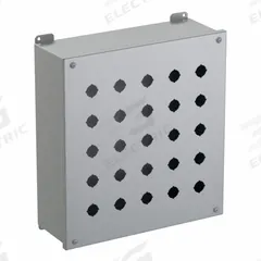 HAMMOND Push Button Enclosure: 22mm, 25 Holes, Carbon Steel, NEMA 12/13 (MPN 1437MX). Key specifications — Brand: HAMMOND; Environments & Applications: Indoor Dust & Water Droplets.