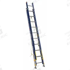 WERNER Extension Ladder: 20 ft Ladder Size, Fiberglass, 300 lb Load Capacity, 54 lb Wt, 2 Sections (MPN D8220-2EQ). Key specifications — Color: Blue; Brand: WERNER; Included Features: Rope and Pulley; Removable Fly: Removable.