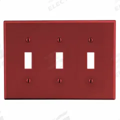 HUBBELL Wall Plate: Toggle, 3 Gang, Red, Midsize Size (MPN PJ3R). Key specifications — Brand: HUBBELL; Material: Polycarbonate.