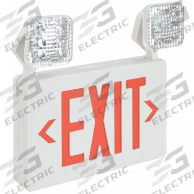 APPROVED VENDOR Exit Sign with Emergency Lights: White, 2 Faces, Red, LED, Ceiling/Wall - Plastic Exit Signs with Square Side-Mount Light Heads