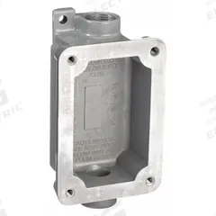 HUBBELL KILLARK Device Box: 1 Gangs, Aluminum, 3/4 in Hub Size, Feed Through, 6 13/16 in Overall Ht (MPN FXB-5). Key specifications — Brand: HUBBELL KILLARK; Hub Type: Feed Through.