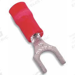 STA-KON Fork Terminals: Red, Vinyl, #10 Stud Size, 22 AWG – 16 AWG Wire Range, Std Fork, 600 V (MPN 18RA-10F). Key specifications — Barrel Style: Insulation Grip; Manufacturer Part Number: 18RA-10F; Brand: STA-KON; Series: RA1157.