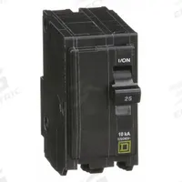 SQUARE D Miniature Circuit Breaker: 25 A, 120/240V AC, Single Phase, 10kA at 120/240V AC, 2 Poles (MPN QO225). Key specifications — Phase: Single; Amps: 25 A; AC Voltage Rating: 120/240V AC; Max. AIR Rating: 10kA at 120/240V AC; For Use With: QO Load Centers and NQ Panelboards; Brand: SQUARE D.