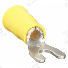 3M Fork Terminals: Yellow, Vinyl, #6 Stud Size, 12 AWG – 10 AWG Wire Range, Block Fork, 1,000 V (MPN MVU10-6FX). Key specifications — Barrel Style: Butted; Manufacturer Part Number: MVU10-6FX; Brand: 3M; Series: TR.