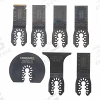 DREMEL Oscillating Tool Blade Set: 7 Blades, Straight, Universal Open-Back Connection (MPN MM497U). Key specifications — attr1140173: (1) 3” U2 HCS Wood/Drywall Saw Blade; attr1097629: DREMEL; attr1097591: Dremel.