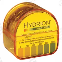 HYDRION Test Paper: Quaternary Ammonium, 0 to 1,000 ppm Quaternary Ammonium, Paper, 2,000 Tests (MPN QKR-1000). Key specifications — Test Form: Paper; Brand: HYDRION; Parameter Measurements Included: 0 to 1,000 ppm Quaternary Ammonium.