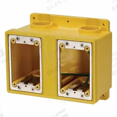 LEVITON Electrical Box: Stainless Steel, Rectangular, 1 Gangs, 1 in Hub Size, 67.3 cu in Capacity (MPN FDBX2-YL). Key specifications — Color: Yellow; Brand: LEVITON.