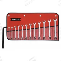 PROTO Combination Wrench Set: Alloy Steel, Chrome, 12 Tools, 8 mm to 19 mm Range of Head Sizes, Std (MPN JSCRMT-12S). Key specifications — attr309581: Chrome; attr309580: Alloy Steel; attr309571: No; attr309583: No; attr309587: Yes; attr324931: PROTO; attr309569: 8 mm to 19 mm; attr309572: Tool Roll.