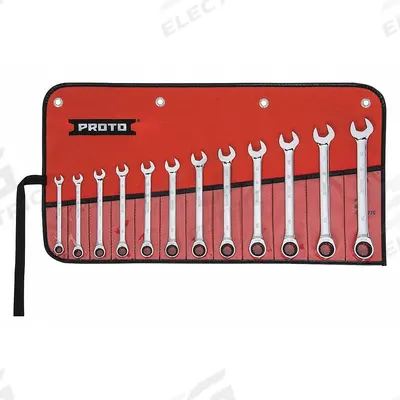 PROTO Combination Wrench Set: Alloy Steel, Chrome, 12 Tools, 8 mm to 19 mm Range of Head Sizes - Metric 12-Point Ratcheting Combination Wrench Sets