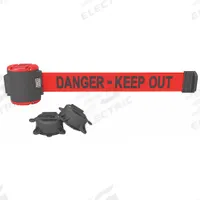 BANNER STAKES Magnetic Retractable Belt Barrier: Magnet, 30 ft Belt Lg, Danger Messaging, Red (MPN MH5009). Key specifications — attr981520: Black; attr981527: Black; attr193646: BANNER STAKES; attr981511: Red.