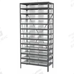 AKRO-MILS Bin Shelving: 36 in x 18 in x 79 in, 1 Sided, 36 Bins, Open, Shelf Bin, Clear, 13 Shelves (MPN AS1879178SC). Key specifications — Includes Bins: Yes; Bin Material: Polymer; Frame Color: Gray; Bin HxWxD: (36) 4 in x 11-1/8 in x 17-7/8 in; Frame Material: Steel; Bin Color: Clear; Bin Style: Shelf; Brand: AKRO-MILS.