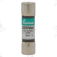BUSSMANN Fuse: BAF Series, Midget, Fast-Acting, 1 A, 250 V AC, 13/32 in x 1 1/2 in, Non-Indicating (MPN BAF-1). Key specifications — attr1287209: BAF; attr211192: BUSSMANN.