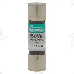BUSSMANN Fuse: BAF Series, Midget, Fast-Acting, 1 A, 250 V AC, 13/32 in x 1 1/2 in, Non-Indicating (MPN BAF-1). Key specifications — attr1287209: BAF; attr211192: BUSSMANN.