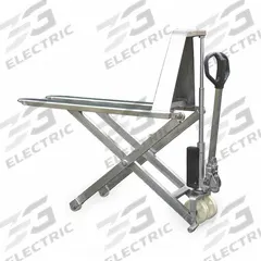 DAYTON High-Lift Pallet Jack: 2,200 lb, Stainless Steel, Std Fork, 46 in L x 27 in W Forks (MPN 2PLJ2). Key specifications — Lift Control: Hand Pump; Handle Type: D-Shaped; Brand: DAYTON.
