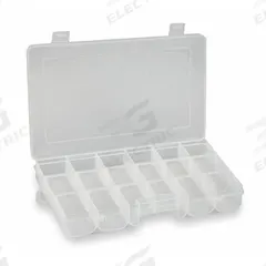 WESTWARD Compartment Box: 7 3/8 in x 11 1/2 in x 1 5/8 in, Clear, 18 Compartments, 12 Adj Dividers (MPN 2HFR4). Key specifications — ESD Conductive: Not Electrostatic Discharge Conductive; Color: Clear; Brand: WESTWARD; Material: Plastic.