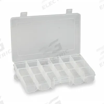 WESTWARD Compartment Box: 7 3/8 in x 11 1/2 in x 1 5/8 in, Clear, 18 Compartments - Small Parts Compartmented Boxes with Adjustable Dividers