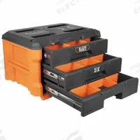 KLEIN TOOLS Tool Box: 16 3/8 in W x 14 3/8 in H x 22 5/16 in D, 3 Drawers, Polymer, Orange (MPN 54823MB). Key specifications — attr1116254: KLEIN TOOLS; attr1116262: Orange; attr1135679: Latch.