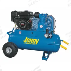 JENNY Portable Gas Air Compressor: 1 Stage, 5.5 hp Engine, Honda, 11.6 cfm @ 90 psi, 17 gal Air Tank (MPN K5HGA-17P). Key specifications — attr50858: Honda; attr50844: JENNY.