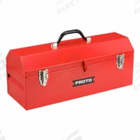 PROTO Tool Box: 19 in W 7 in D 7 in H, Steel, Red, Hinged Lid, Padlock, 1 Compartments (MPN J9971R). Key specifications — attr1116905: Red; attr1116917: Hinged; attr1116946: PROTO; attr1116904: Padlock.