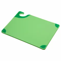 This green co-polymer cutting board measures 9 inches wide by 12 inches long. NSF certified for sanitation compliance, it is suitable for food preparation tasks in commercial kitchens and food service environments.
