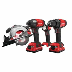 This 20V cordless combination kit includes a circular saw, drill/driver, impact driver, and work light. The impact driver provides high-torque fastening, while the drill/driver handles drilling and driving tasks. The circular saw cuts various materials, and the work light illuminates work areas. All tools share the same battery platform for job site or DIY use.