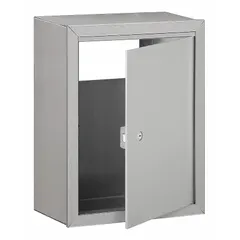 Horizontal lockable mailbox receptacle with one door and rear access. External dimensions 19 in H x 15 in W x 7 1/2 in D. Suitable for package delivery in commercial or multi-tenant buildings where secure parcel drop-off and retrieval is needed. Not USPS Master Lock Compliant.