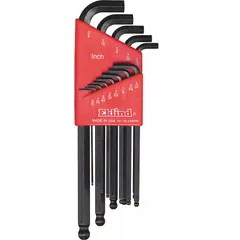 This L-shaped hex key set includes 15 pieces covering SAE sizes. The set features stubby, ball-end, long-reach, and short keys with a single ball end, all stored in a holder. Suitable for tightening or loosening hex socket screws and bolts in maintenance, assembly, and repair tasks.