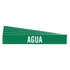 Green fiberglass pipe marker with white 'Agua' legend, designed for pipe outer diameters from 2-1/2 to 7-7/8 inches. Each pack includes 5 markers without directional arrows, used for identifying water lines in industrial piping systems.